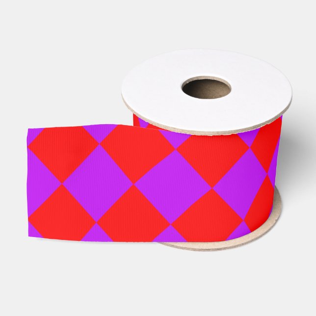 Red Purple Chequered Diamond Pattern Grosgrain Ribbon (Spool)