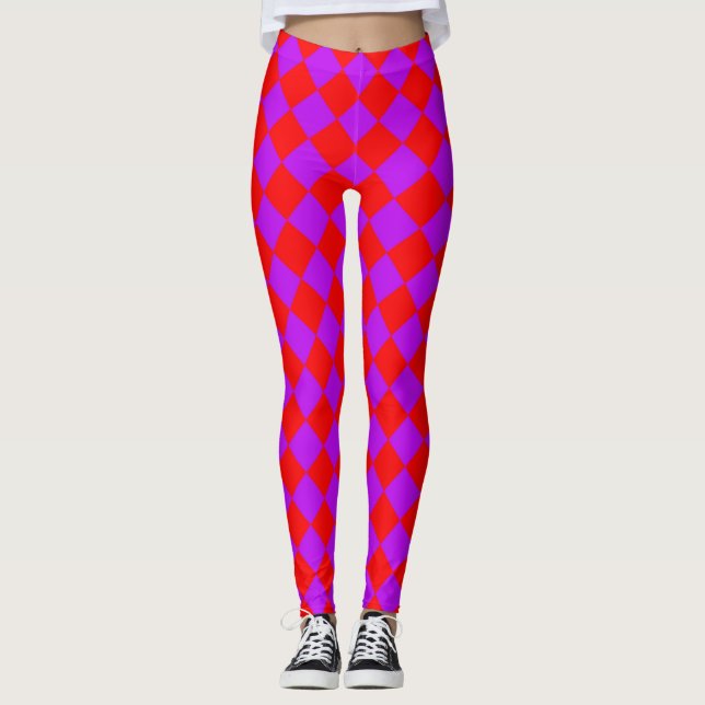 Red Purple Chequered Diamond Pattern  Leggings (Front)
