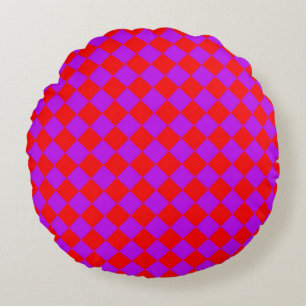 Red Purple Chequered Diamond Pattern Round Cushion