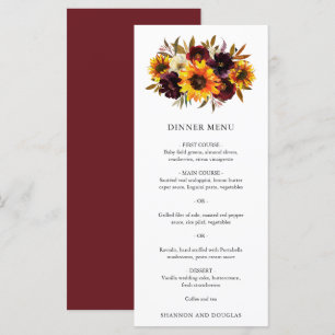 Red Purple Fall Roses Sunflower Rustic Wedding Menu