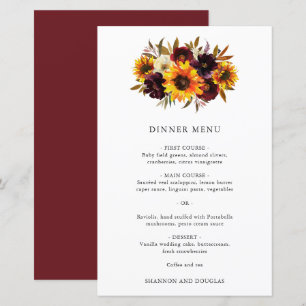 Red Purple Fall Roses Sunflower Wedding Menu