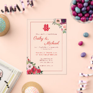 Red purple floral garden Chinese wedding  Acrylic Invitations