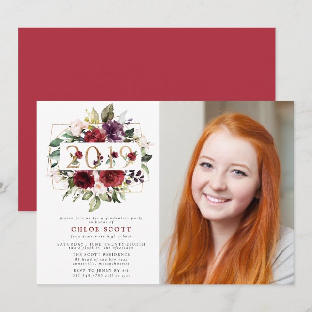 Red Purple Floral Photo Graduation Invitation (Front/Back)