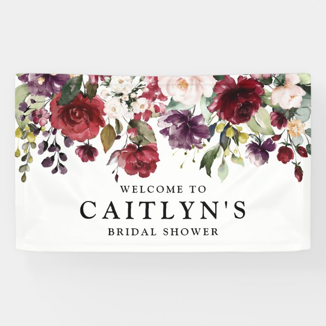 Red Purple Floral Watercolor Bridal Shower Welcome Banner (Horizontal)