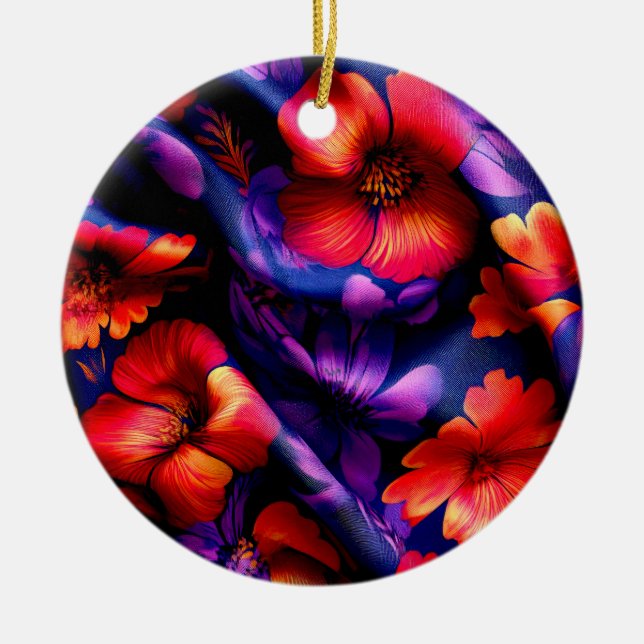 Red Purple Flower Design Ceramic Tree Decoration (Front)