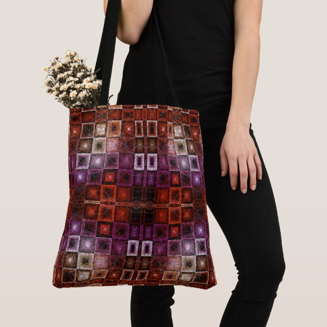 Red & Purple Geometric Grid Symmetrical Glow Tote Bag (Close Up)