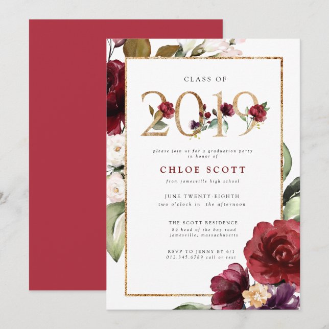 Red Purple Gold Floral 2019 Graduation Party Invitation (Front/Back)