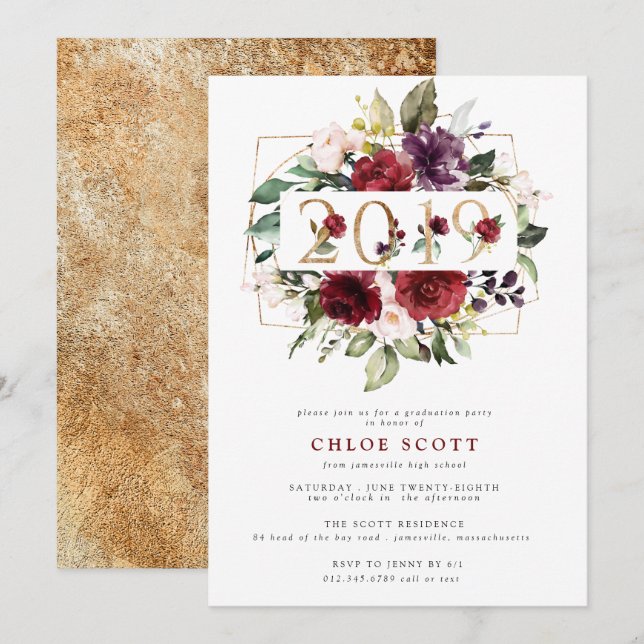 Red Purple Gold Floral 2019 Graduation Party Invitation (Front/Back)
