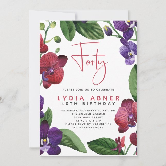 Red Purple Orchids 40th Birthday Party Invitation (Front)