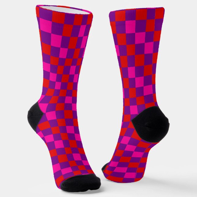 Red Purple Pink Chequered Pattern Design  Socks (Angled)