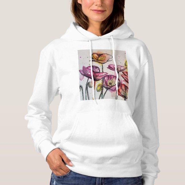 Red Purple Pink Poppy floral Watercolor art Hoodie (Front)
