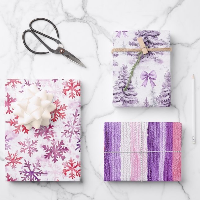 Red Purple Snowflakes Christmas Tree Stripes Wrapping Paper Sheet (Front)