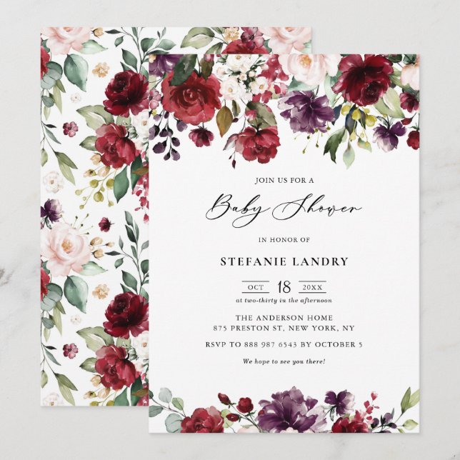 Red & Purple Watercolor Floral Garland Baby Shower Invitation (Front/Back)