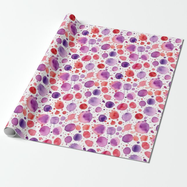 Red & Purple Watercolour polka dots Wrapping Paper (Unrolled)