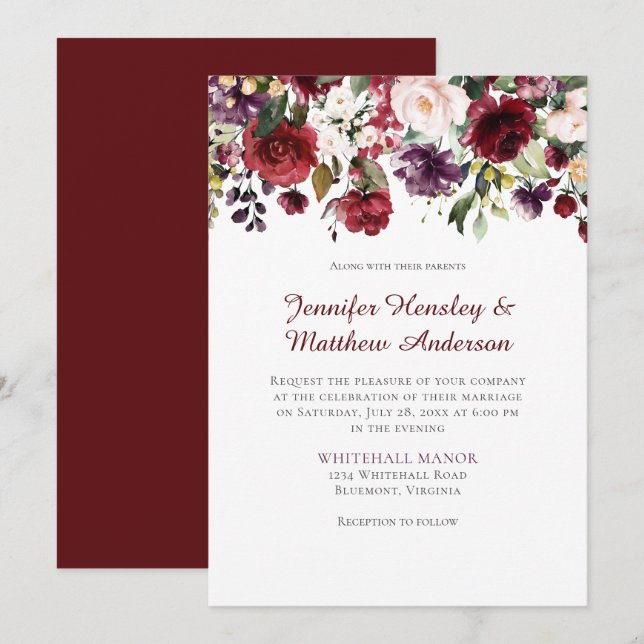 Red, Purple, White, Green Floral Drop Wedding Invitation (Front/Back)