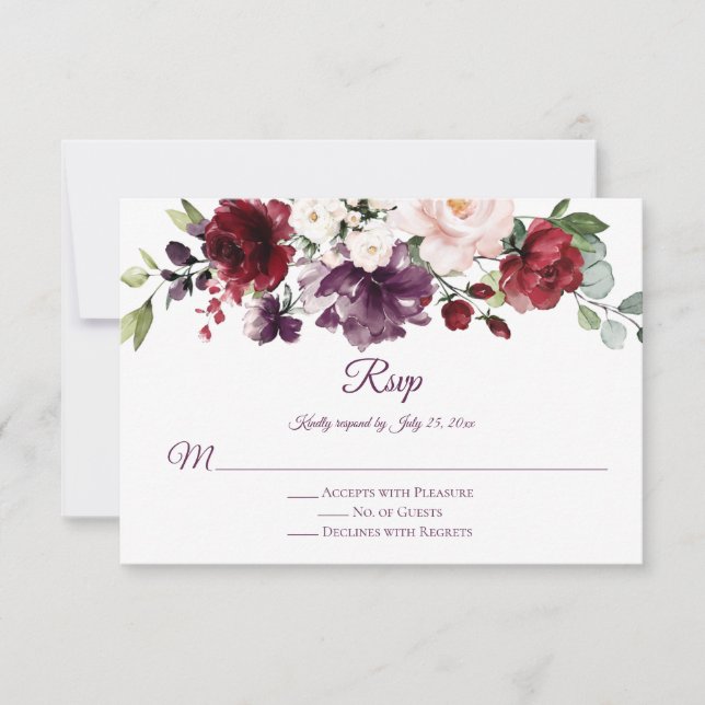 Red Purple White Green Floral Purple Back RSVP Card (Front)