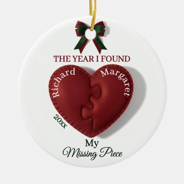 Red Puzzle Heart Missing Piece Personalized Name Ceramic Tree Decoration (Front)