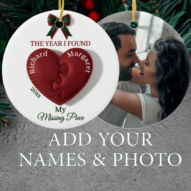 Red Puzzle Heart Missing Piece Personalized Photo Ceramic Tree Decoration (Creator Uploaded)