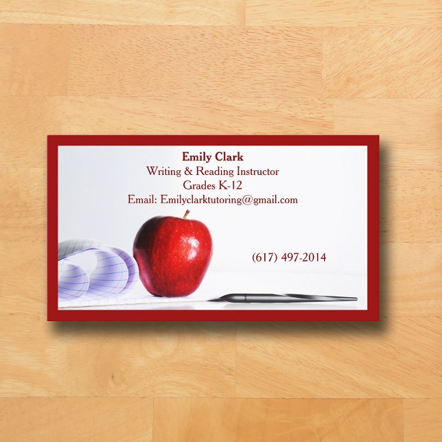 Red QR Code School Teacher Red Apple   Business Card (Red Business Card for Teacher )