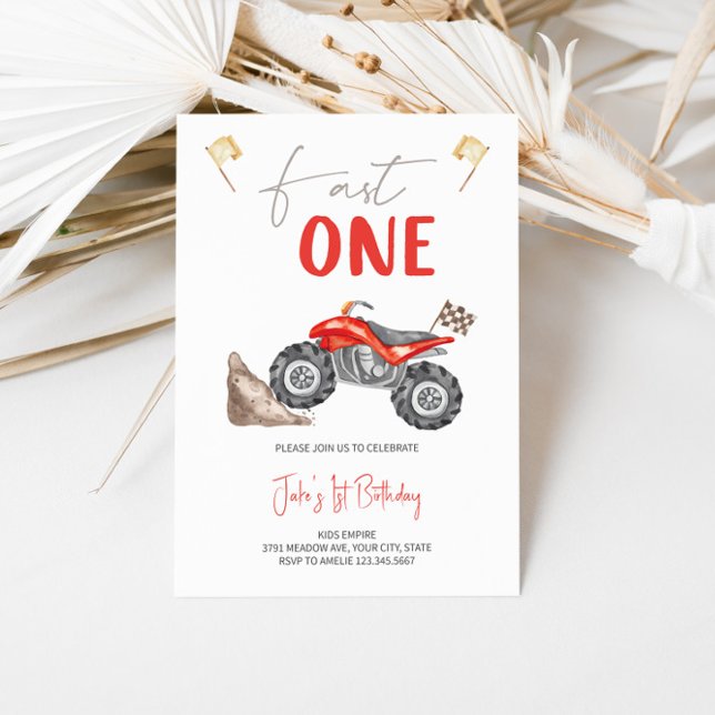 Red Quad Bike 'Fast One' Birthday Invitation  (Creator Uploaded)