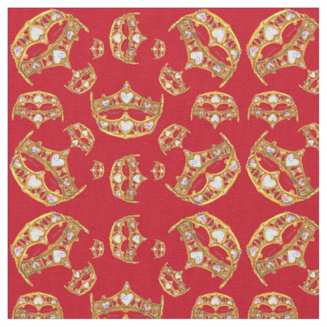 Red Queen of Hearts Gold Crown Repeat Design  Fabric (Close Up)