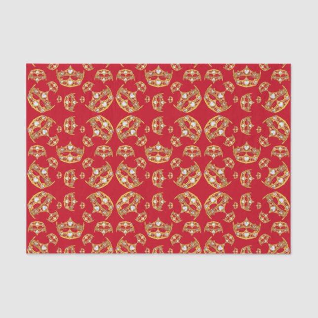 Red Queen of Hearts Gold Crown Repeat Design Tissue Paper (Front)