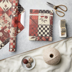 Red Quilt Gingham Cottagecore Floral Wrapping Paper