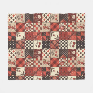 Red Quilt Patchwork Gingham Cottagecore Floral Fleece Blanket