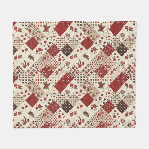 Red Quilt Patchwork Gingham Cottagecore Floral Fleece Blanket
