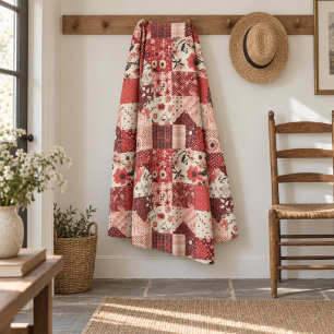 Red Quilt Patchwork Gingham Cottagecore Floral Fleece Blanket