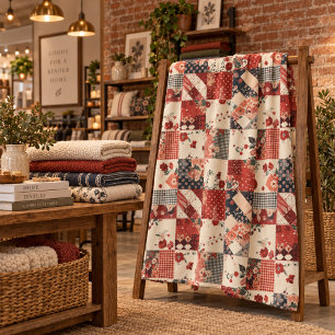 Red Quilt Patchwork Gingham Cottagecore Floral Fleece Blanket