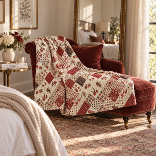 Red Quilt Patchwork Gingham Cottagecore Floral Fleece Blanket
