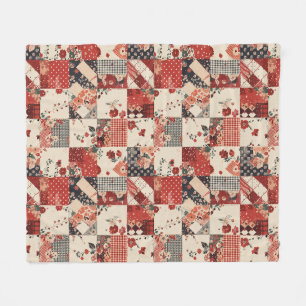 Red Quilt Patchwork Gingham Cottagecore Floral Fleece Blanket