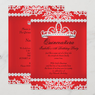 Red Quinceanera 15th Birthday Party Tiara Invitation