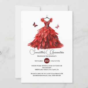 Red Quinceañera ballgown elegant butterfly 15th Invitation