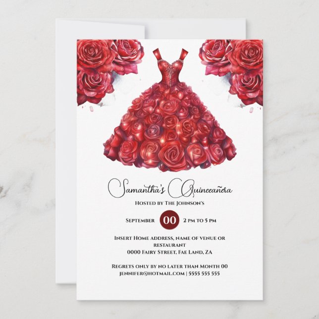 Red Quinceañera ballgown elegant rose flower 15th Invitation (Front)