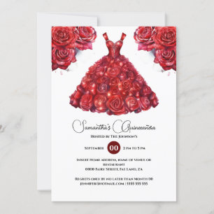 Red Quinceañera ballgown elegant rose flower 15th Invitation
