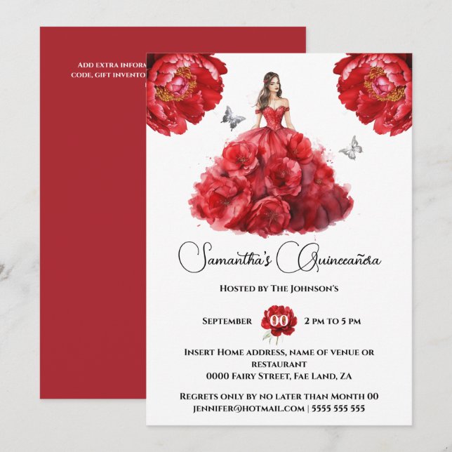 Red Quinceañera ballgown peony floral flowers Invitation (Front/Back)