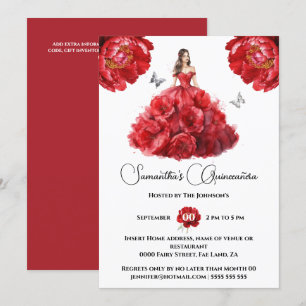 Red Quinceañera ballgown peony floral flowers Invitation