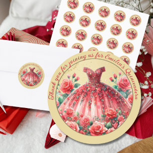 Red Quinceañera Dress Thank You Favours Gifts Classic Round Sticker