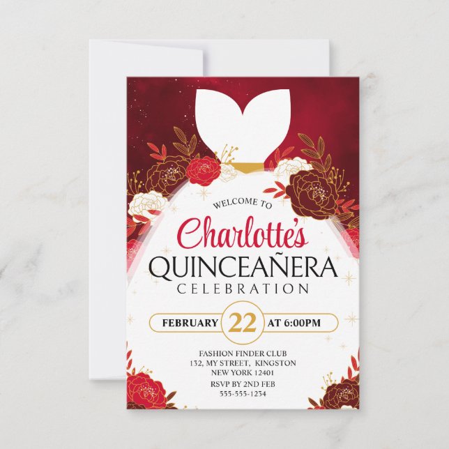 Red Quinceanera﻿ Floral White Princess Dress Invitation (Front)