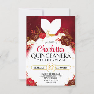 Red Quinceanera﻿ Floral White Princess Dress Invitation