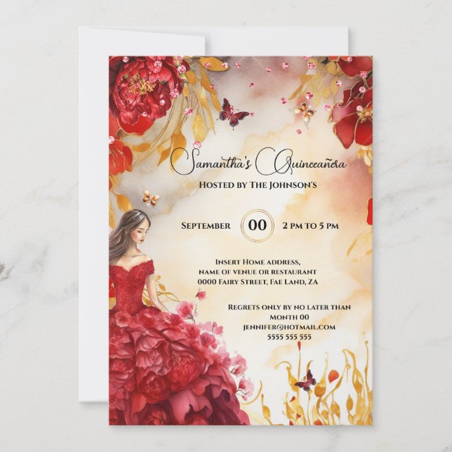 Red Quinceañera peony ballgown floral flowers Invitation (Front)