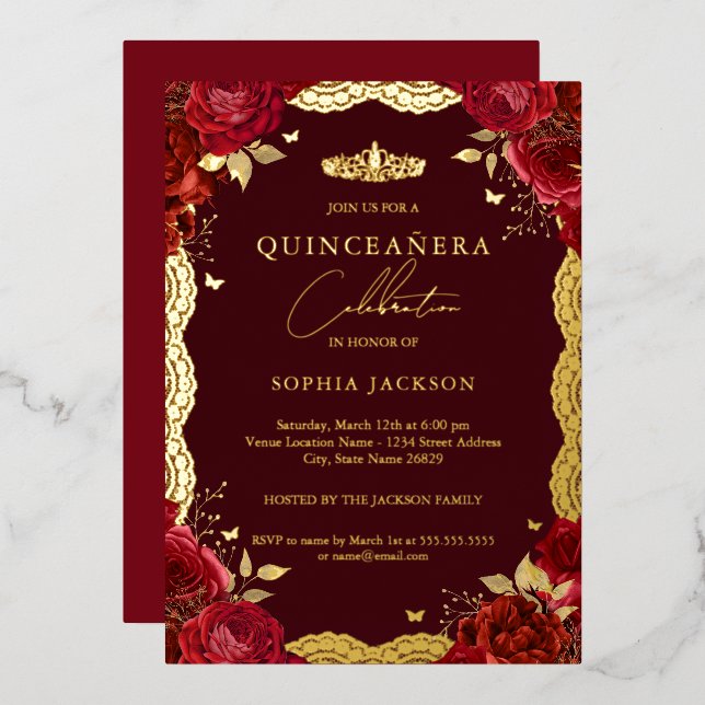 Red Quinceanera Rose Gold Lace Birthday (Front/Back)