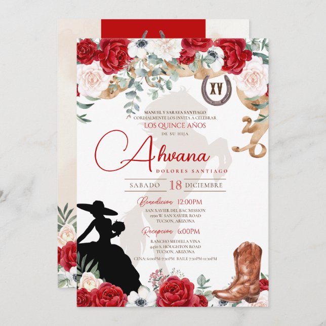 Red Quinceanera Roses Anemone Fancy Charra/Cowgirl Invitation (Front/Back)