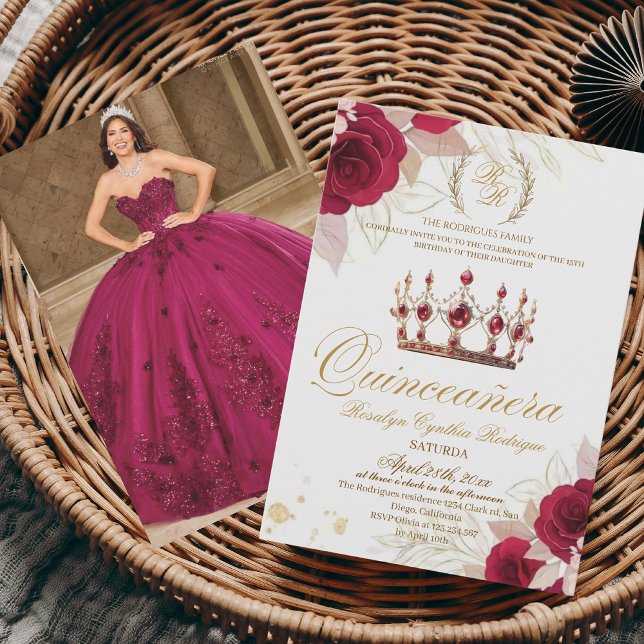 Red Quinceanera theme Tiara Floral Photo Birthday Invitation (Creator Uploaded)