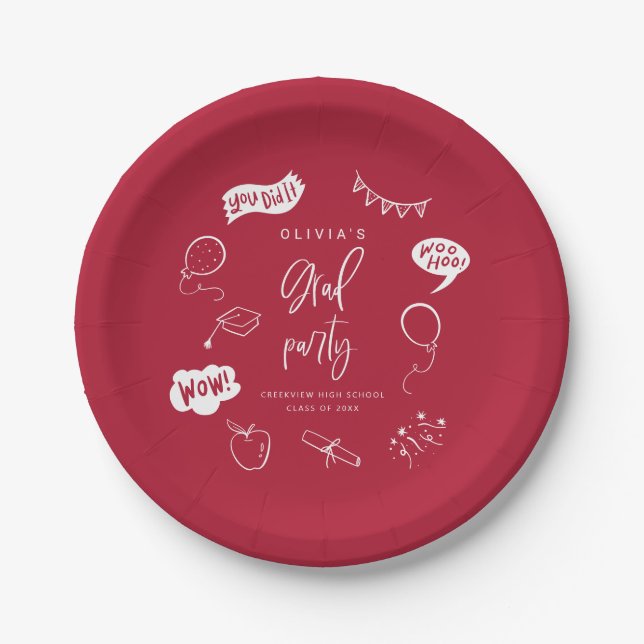 Red Quirky Grad Icons Graduation Party Paper Plate (Front)