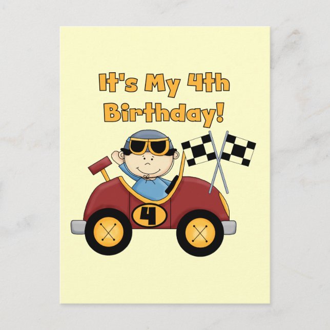 Red Race Car 4th Birthday Tshirts and Gifts Postcard (Front)
