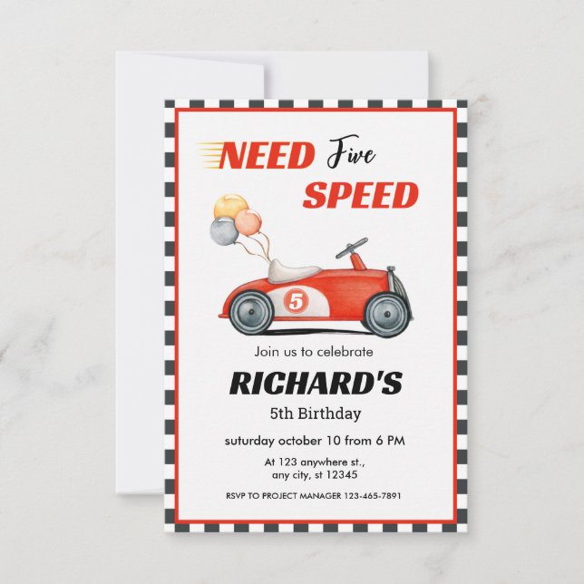 Red Race Car Birthday | Need Five Speed Invitation (Front)