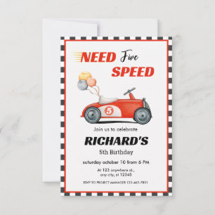 Red Race Car Birthday   Need Five Speed Invitation